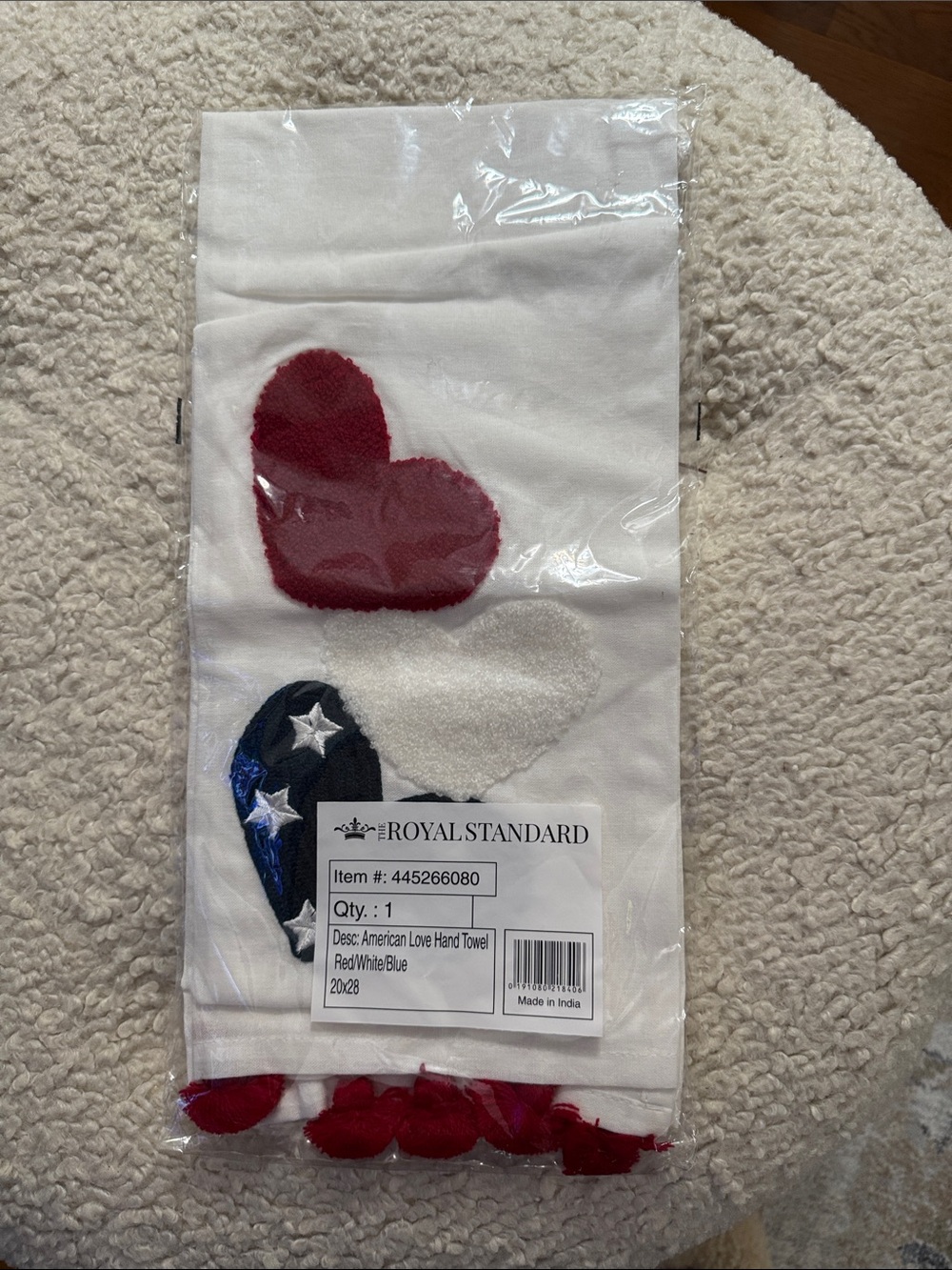 White Hand Towel with Red and Blue Heart Accents